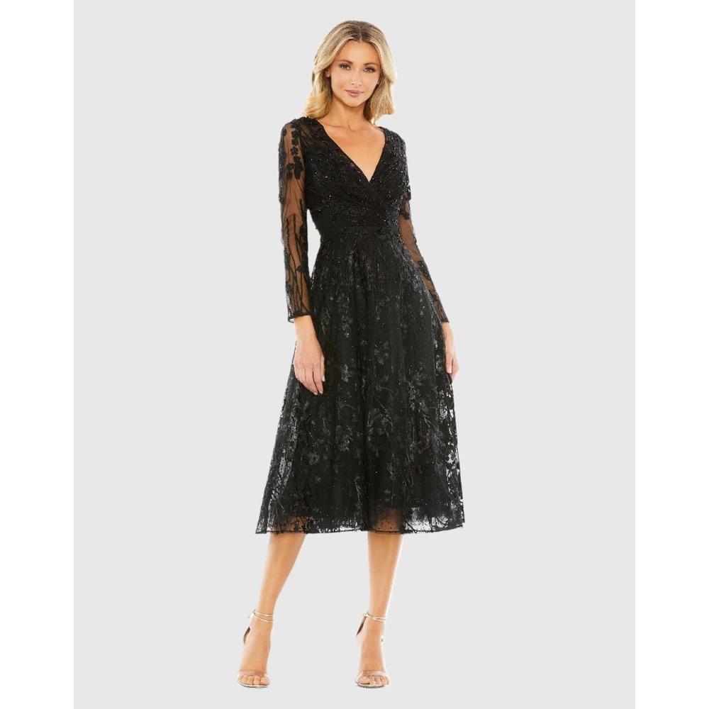 Mac Duggal Black Embroidered Floral Sequin V-Neck Long Sleeve Midi Dress 4 NWT